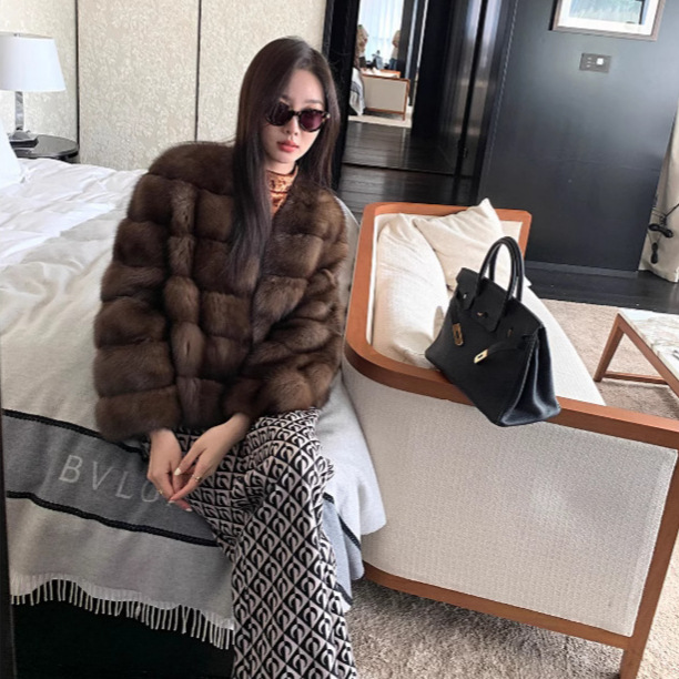 爆款紫貂皮草外套女2025冬季俄罗斯满天星环保貂皮大衣V领显瘦