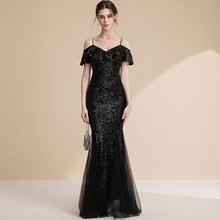 晚礼服裙女宴会气质轻奢高端高级感主持人晚会亮片长款吊带连衣裙
