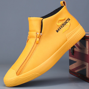 冬季男鞋2025新款男士高帮鞋黄色拉链加绒保暖休闲板鞋潮流二棉鞋