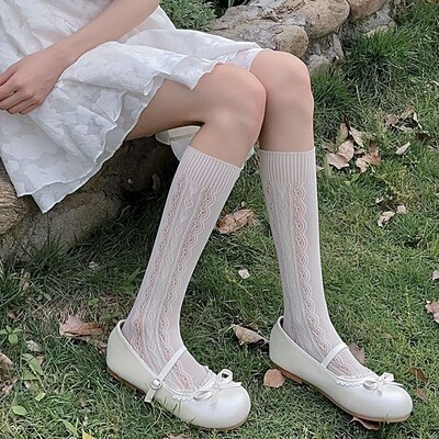 日系纯欲白色蕾丝小腿袜子女中筒爱心夏季薄款简约瘦腿ins潮外穿