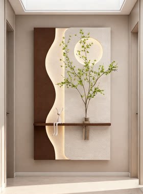 玄关走廊入户挂画奶油风装饰画水培绿植艺术立体砂岩晶瓷带灯发光