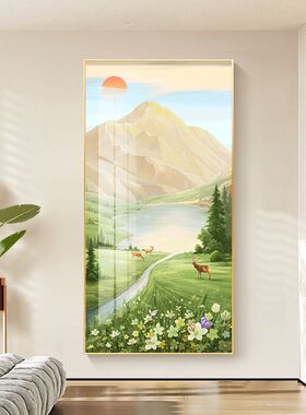 日照金山入户正对门墙挂画玄关装饰画玄幻走廊过道山水画大气壁画