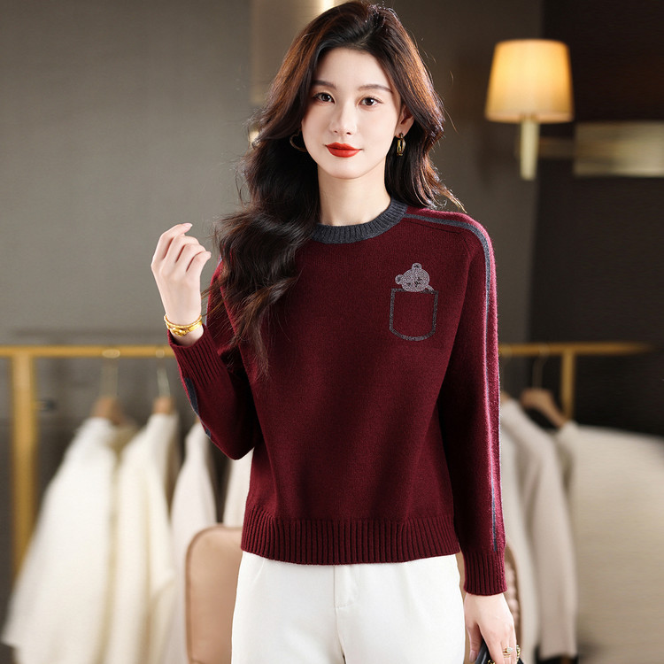 100%羊毛2025新款红色圆领羊绒衫