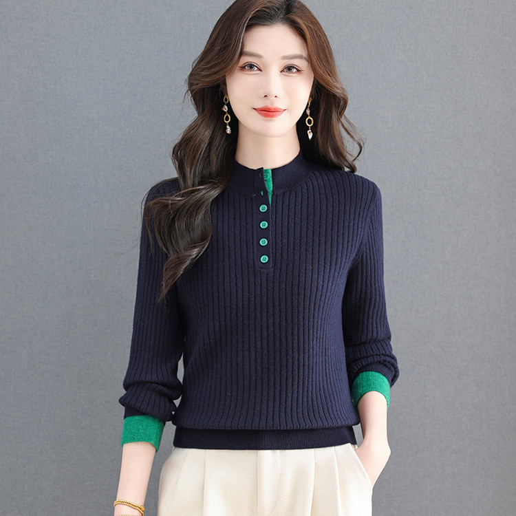 100%羊毛淑女风半高领撞色针织衫