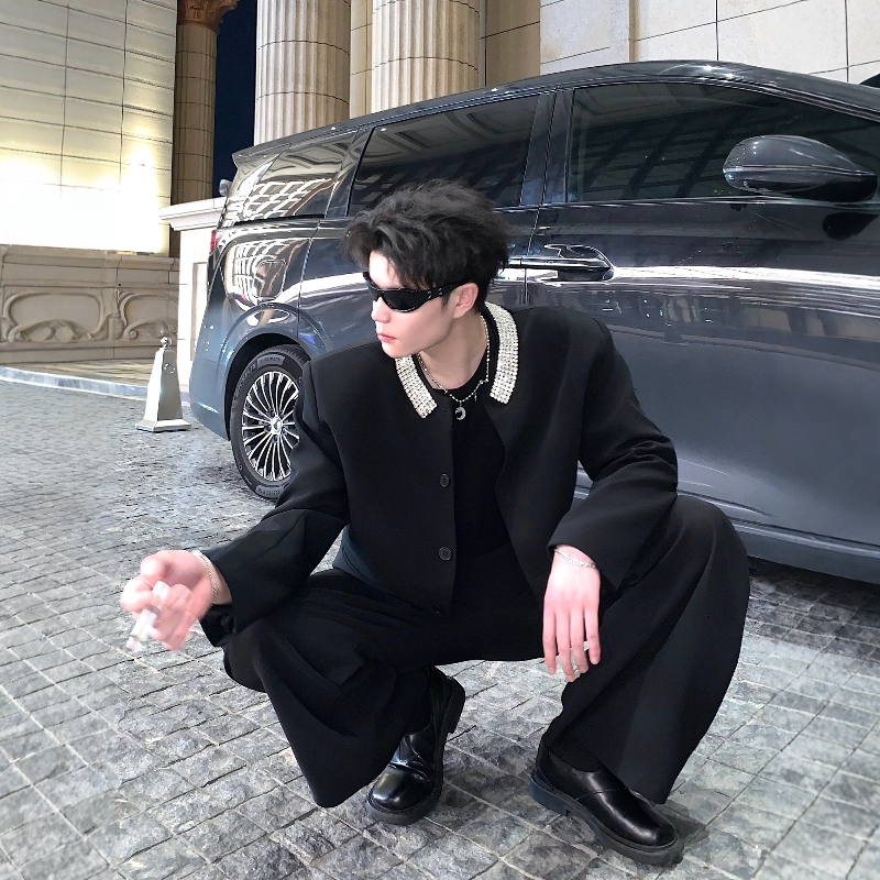 渡影谷轻奢高级感小香风重工镶钻垫肩圆领西装外套男贵气廓形上衣