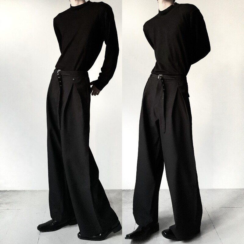 渡影谷/原创小众设计A字褶皱阔腿西裤垂感高级感自带腰带直筒裤