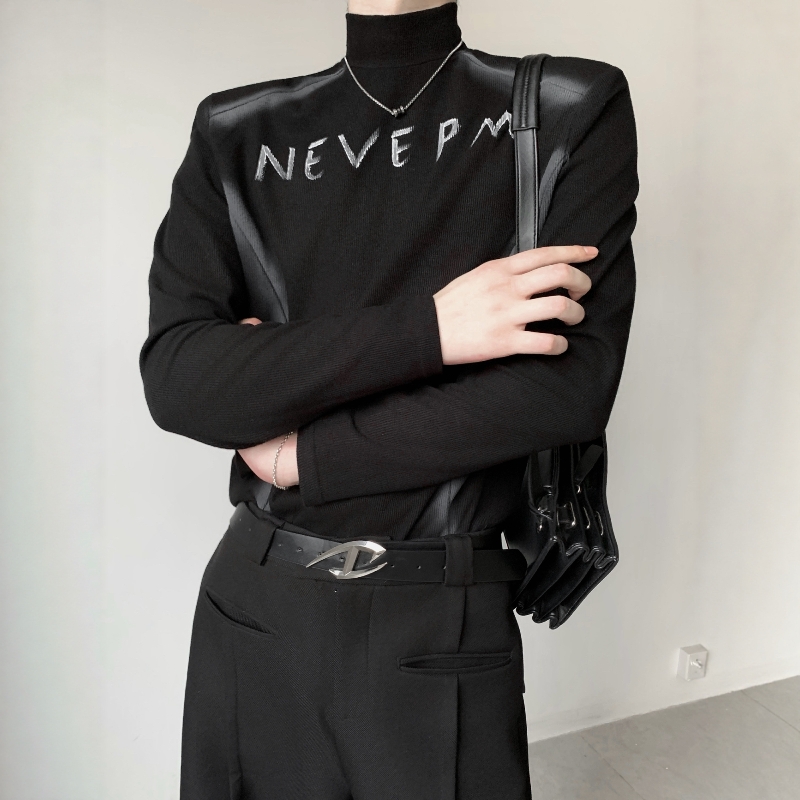 皓掌柜/小众喷绘半高领修身休闲T恤男短款垫肩美式高街潮流打底衫