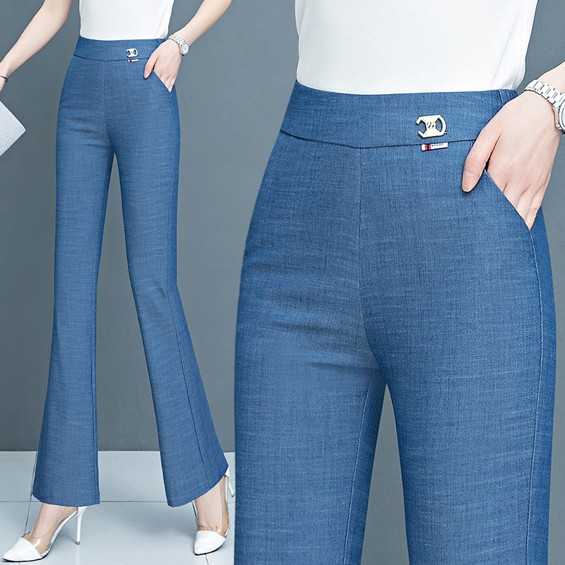 TENCEL JEANS THIN WOMENS PANTS SUMMER 2024 NEW ELASTICATED HIGH-WAISTED SLIM FASHION ICE SILK MICRO FLARED PANTS