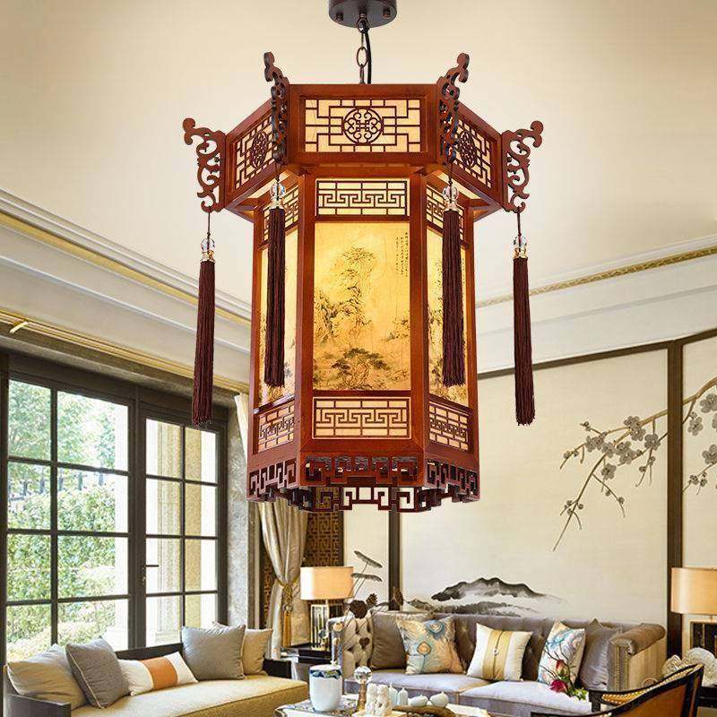 中式实木羊皮吊灯寺庙宫廷长廊亭子六角灯笼宫灯仿古风大厅建筑灯