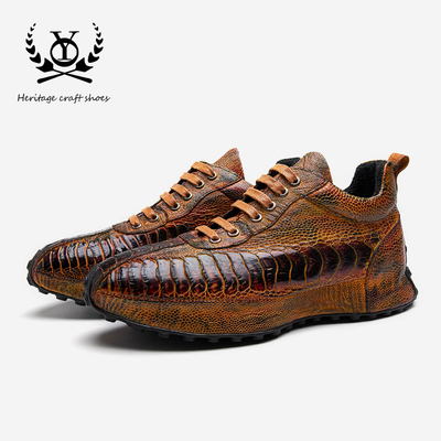 2025新款男士休闲鞋鸵鸟皮高端手工真皮鞋子厚底百搭棕色运动鞋潮
