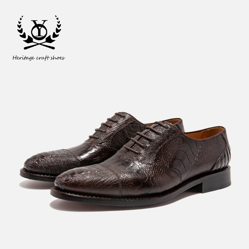鸵鸟腿皮男鞋韩版真皮高端商务正装男士皮鞋潮百搭手工固特异皮底