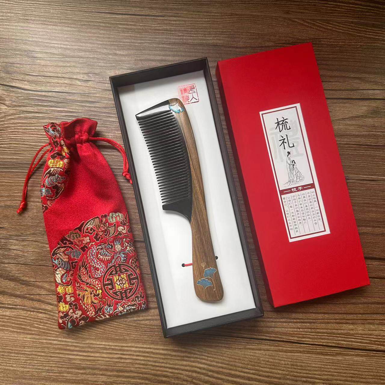 天然绿檀木梳镶嵌牛角梳子手工彩绘漆艺礼品梳女礼物套装礼盒