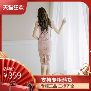 DI DVF2023夏款时尚新品女装修身蕾丝圆领收腰包臀缕空连衣裙