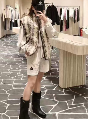 maSande包邮法国S家24秋冬女复古印花摇粒绒仿羊羔毛夹棉马甲毛毛