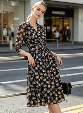 maSande 独特漂亮碎花设计感连衣裙女收腰显瘦黑色新款夏季裹身裙