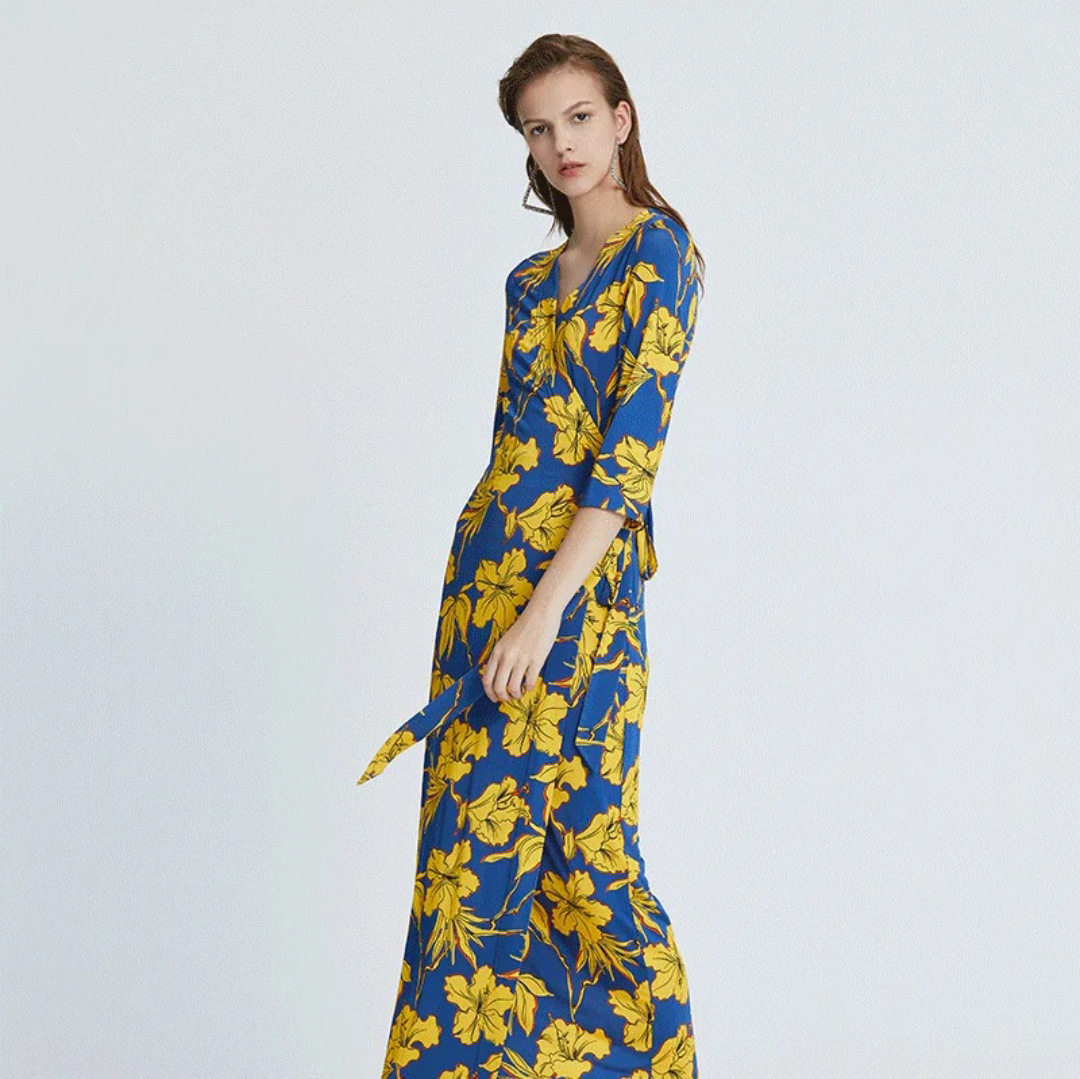 PG DVF2024夏季女装时尚百搭印花裹身裙收腰性感V领一片式系带连
