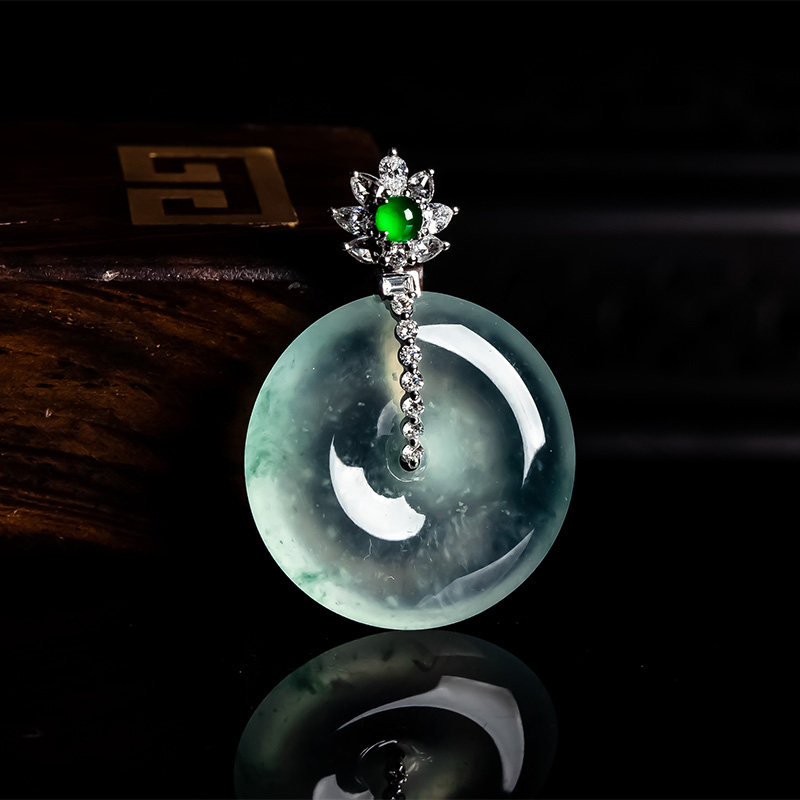 缅甸天然a货翡翠平安扣吊坠高冰种雪花棉扣子18k金高档玉石坠子女