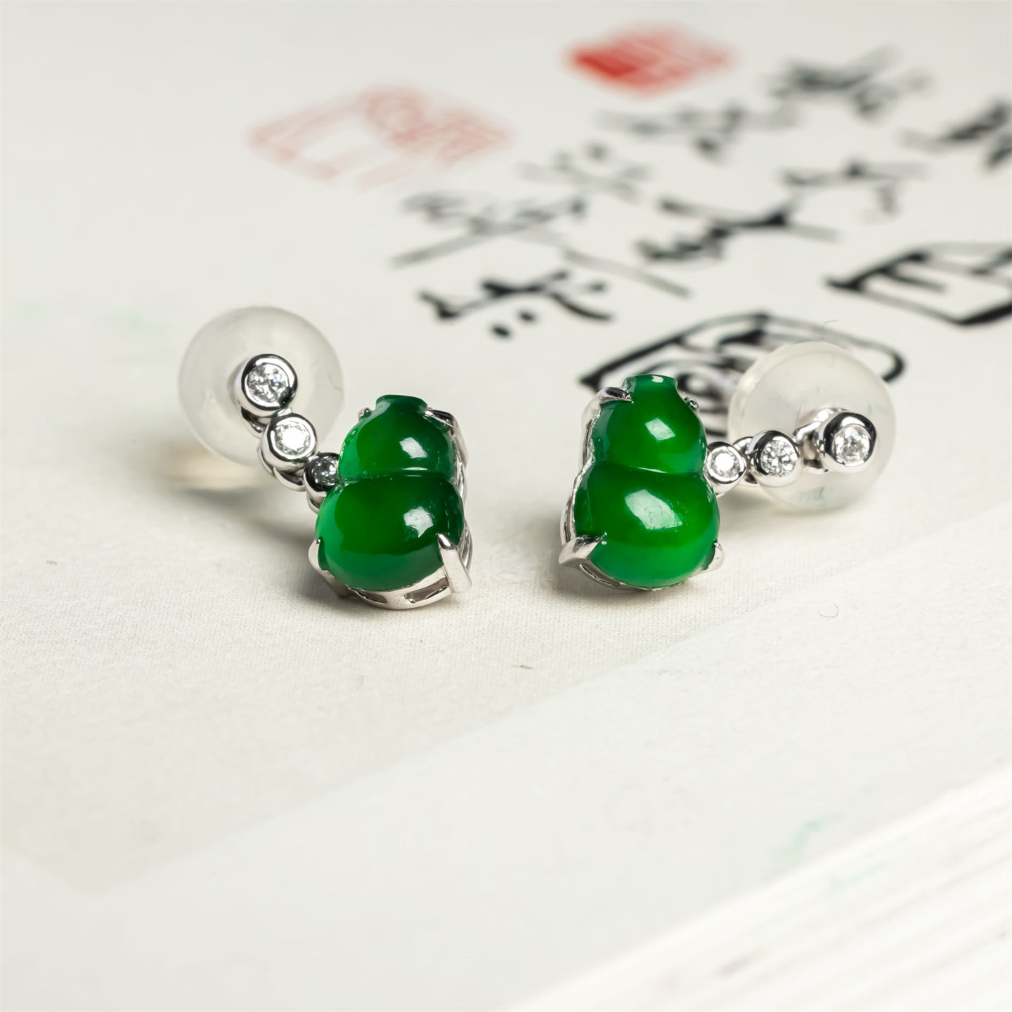 天然翡翠A货老坑冰种满绿葫芦翡翠耳坠女款冰绿时尚福禄双全耳环