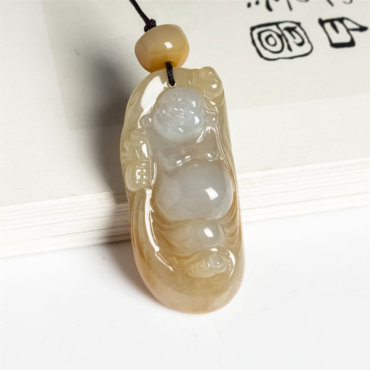 缅甸天然翡翠A货冰糯种双彩黄翡弥勒佛吊坠女款毛衣链佛公厚挂件