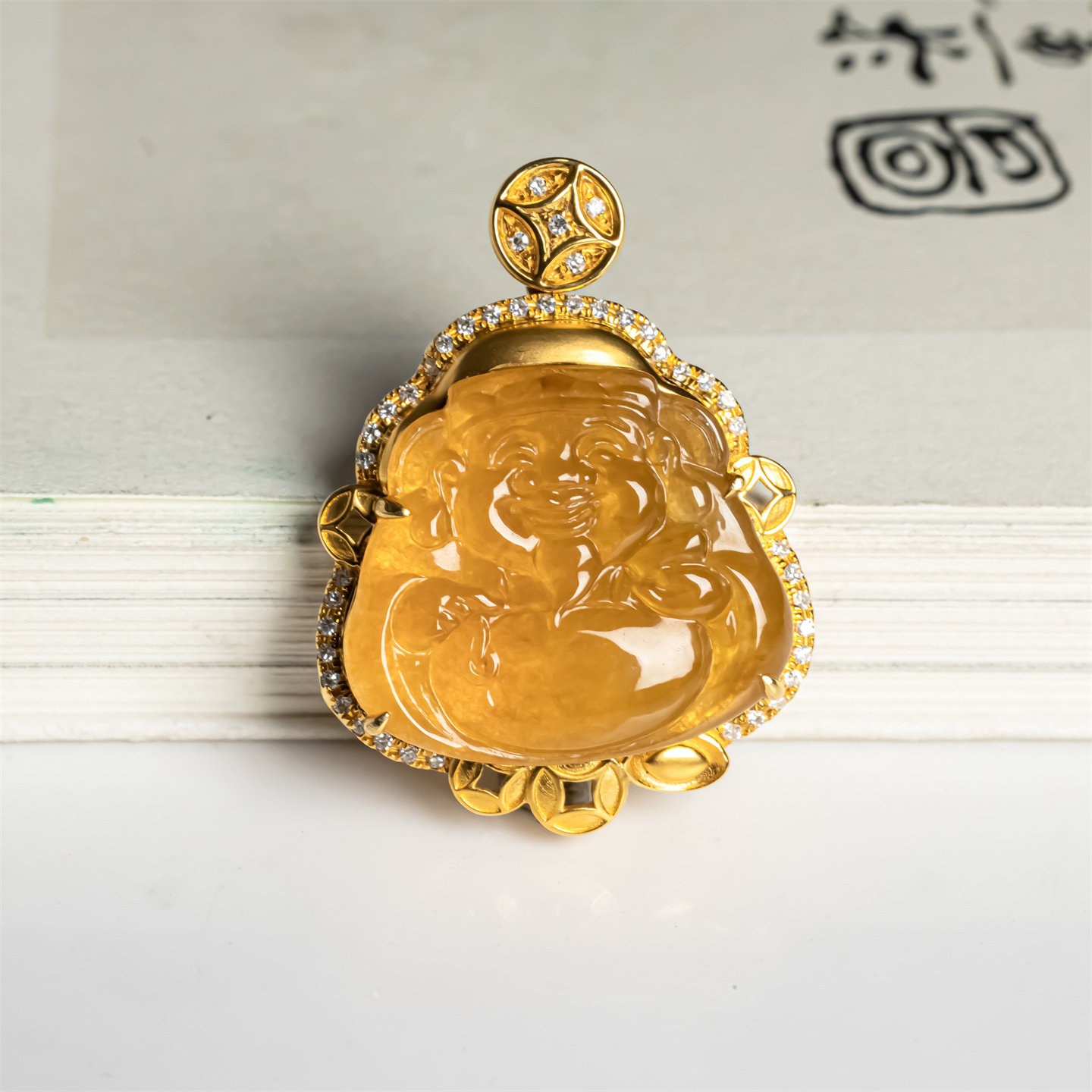 缅甸天然翡翠a货冰种黄翡财神如意吊坠18K高档来财平安挂件黄财神