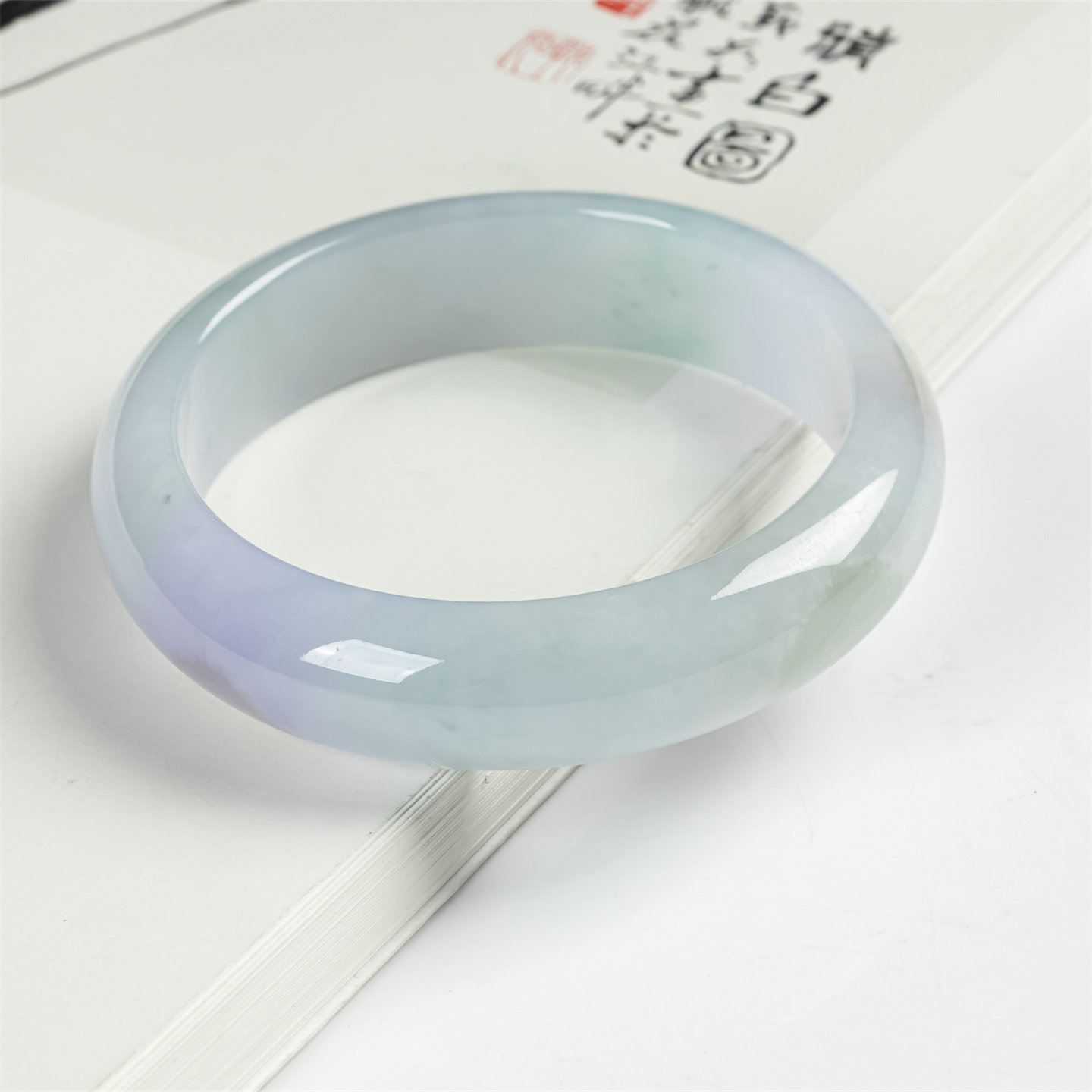 缅甸天然翡翠a货冰糯种紫罗兰57.9圈宽镯手镯女款冰紫飘黄翡玉镯