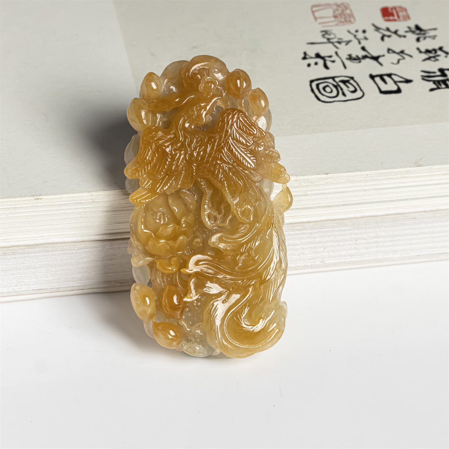 缅甸天然翡翠a货冰糯种黄翡凤凰如意吊坠高档冰黄凤凰戏牡丹挂件