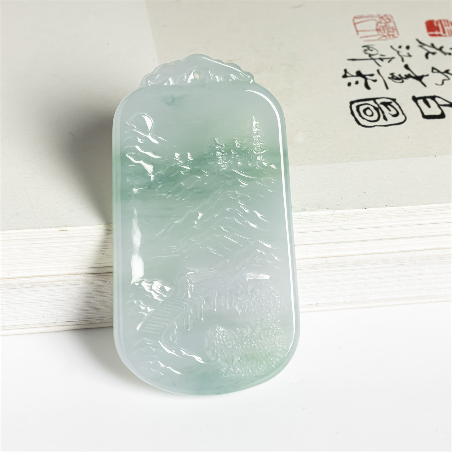 缅甸天然翡翠a货冰糯飘花山水意境牌吊坠男女款一帆风顺山水挂件
