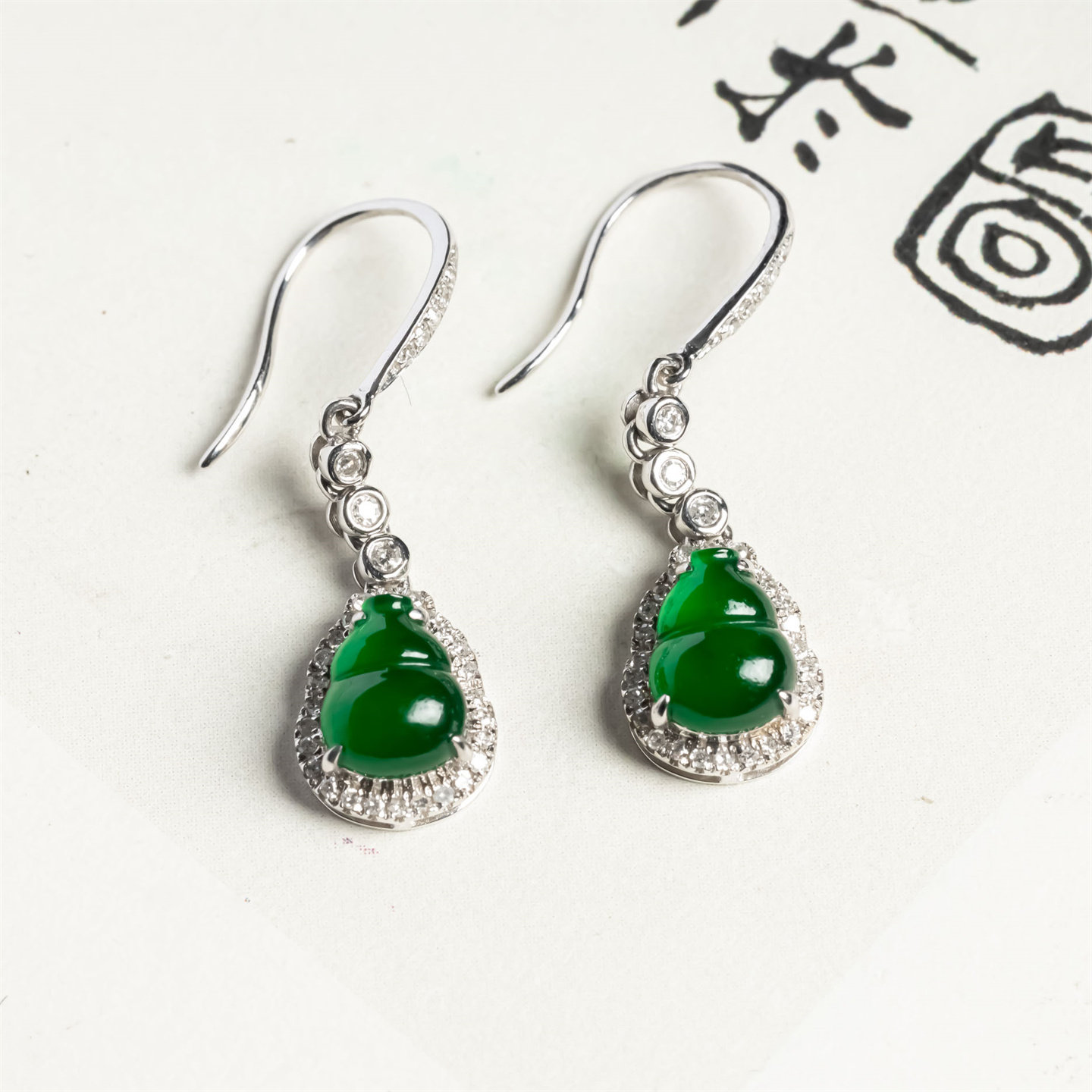 天然翡翠A货冰种满绿葫芦时尚耳钩耳环18K老坑女款福禄双全耳坠