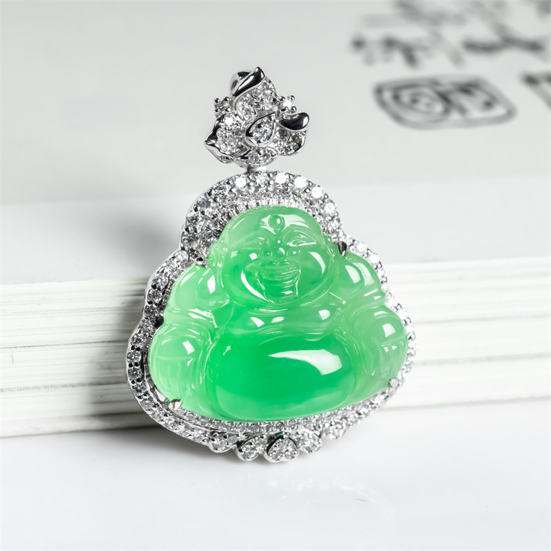 缅甸天然翡翠A货冰种阳女款弥勒佛如意吊坠18K老坑高档玉佛公挂件