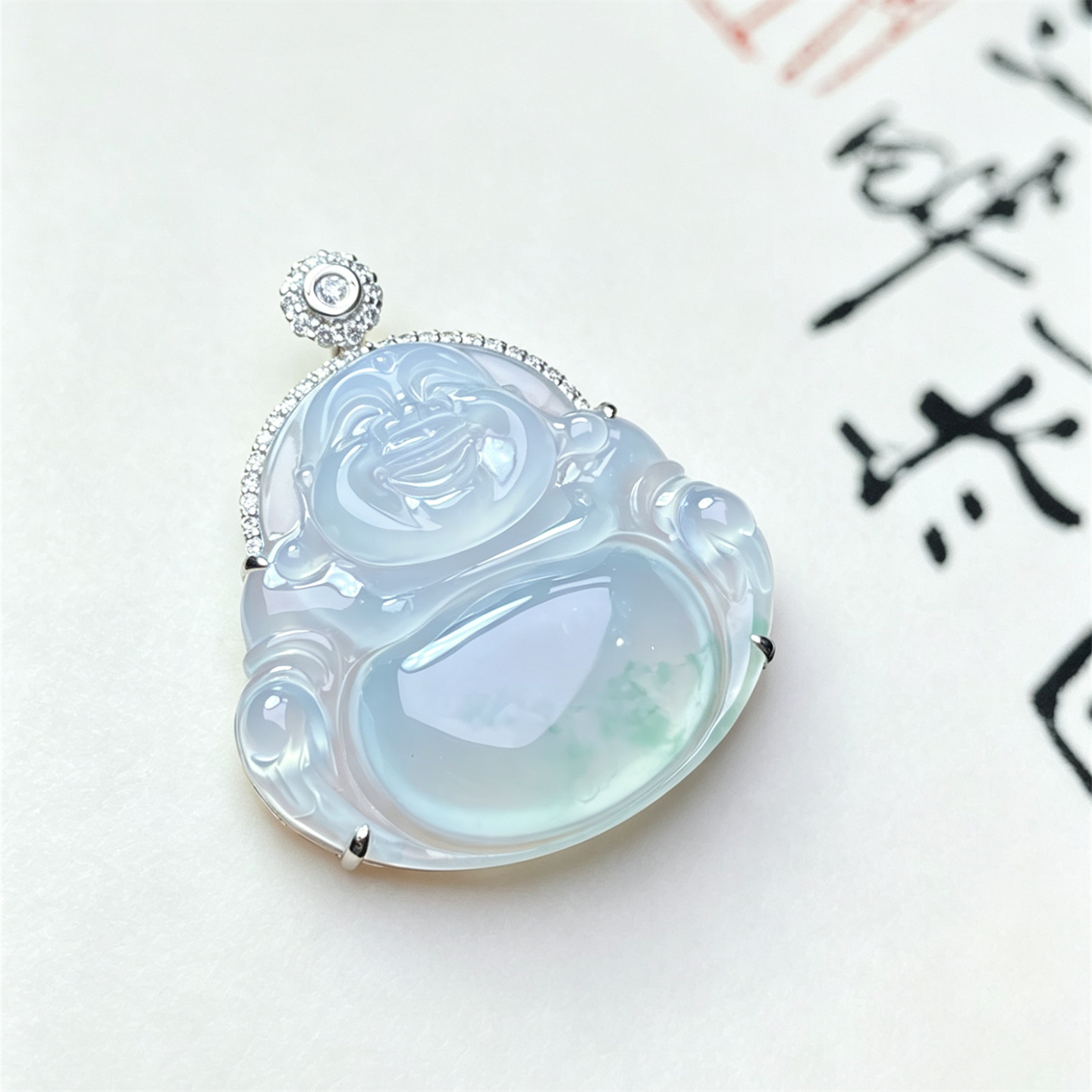 翠贵人冰种飘花弥勒佛吊坠18K