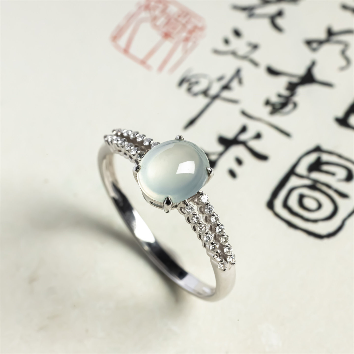 翠贵人冰种冰透戒面18K金戒指女
