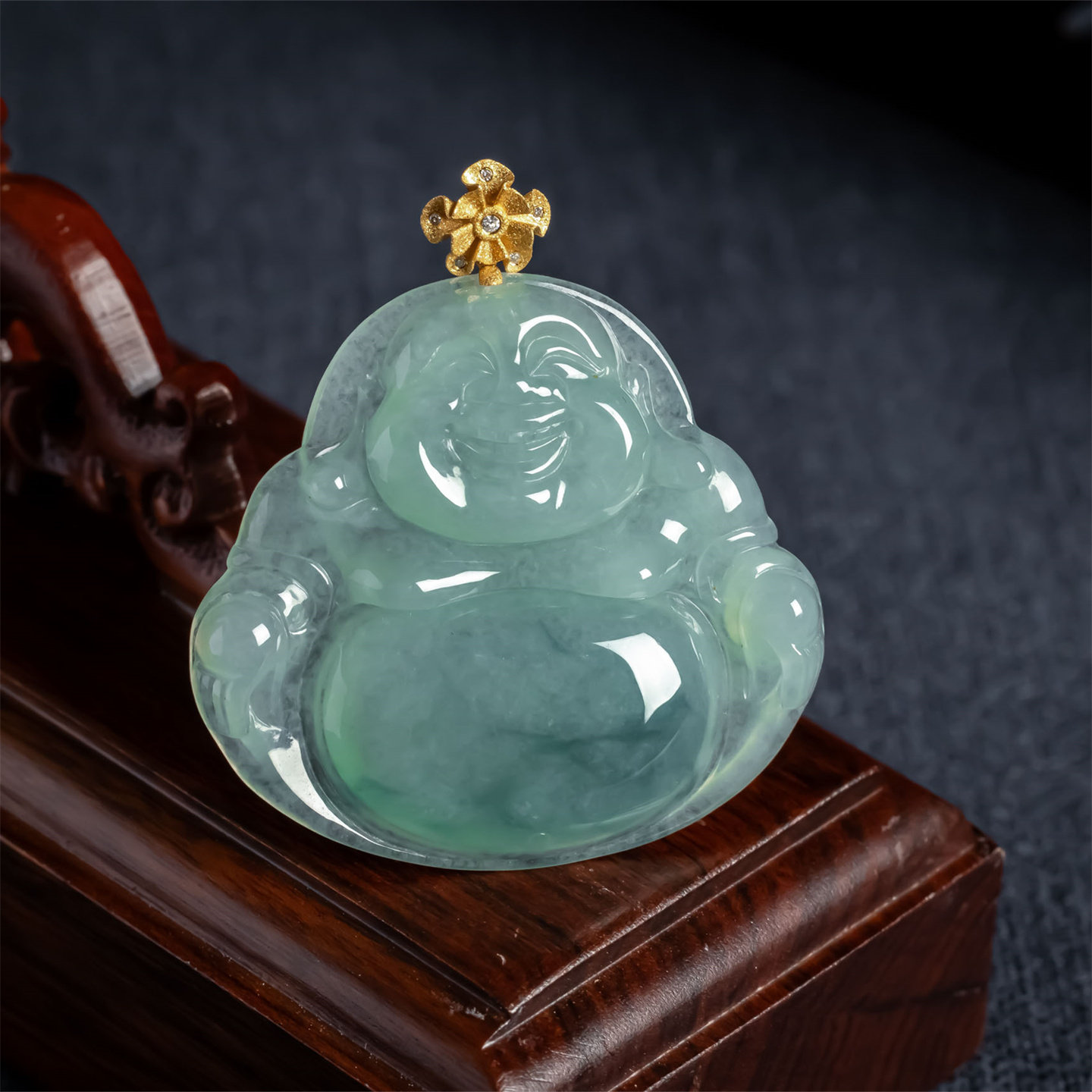 缅甸天然翡翠A货老坑冰糯种飘花弥勒佛如意吊坠18K金笑口常开挂件