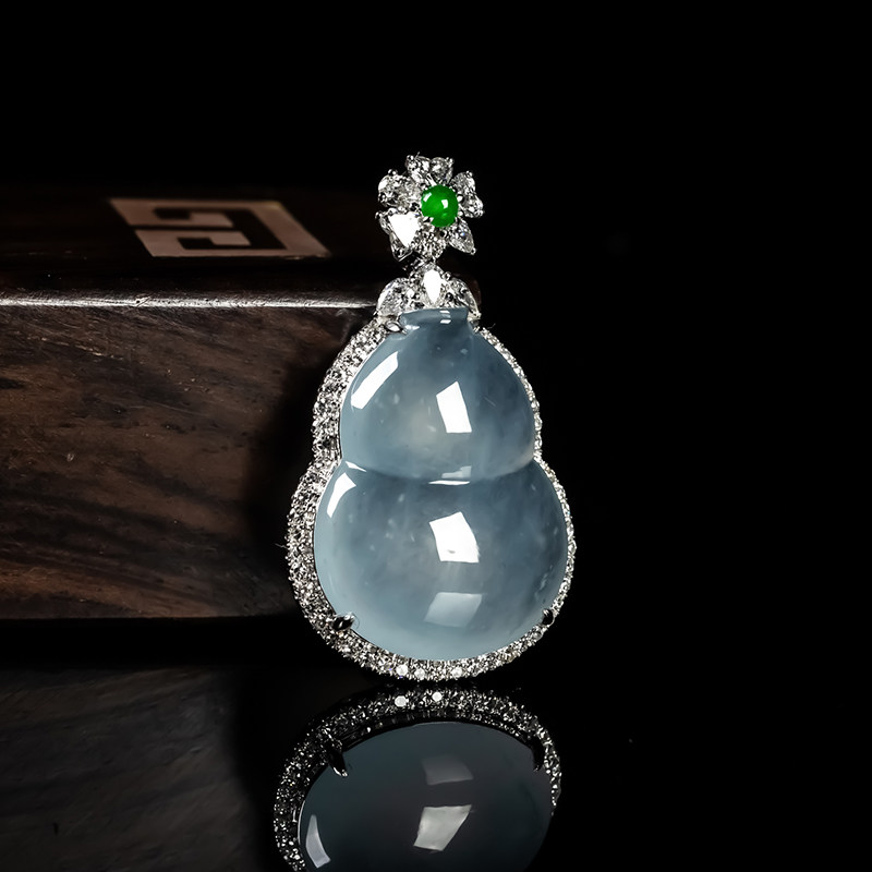 缅甸天然翡翠A货冰种葫芦翡翠吊坠18K金高档冰福禄双全男女款玉坠