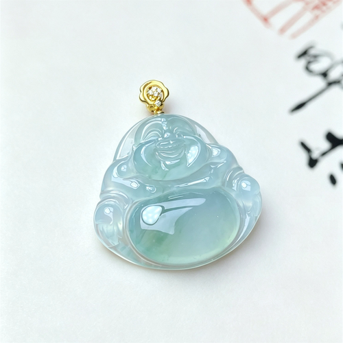 翠贵人冰种飘花18K金弥勒佛吊坠