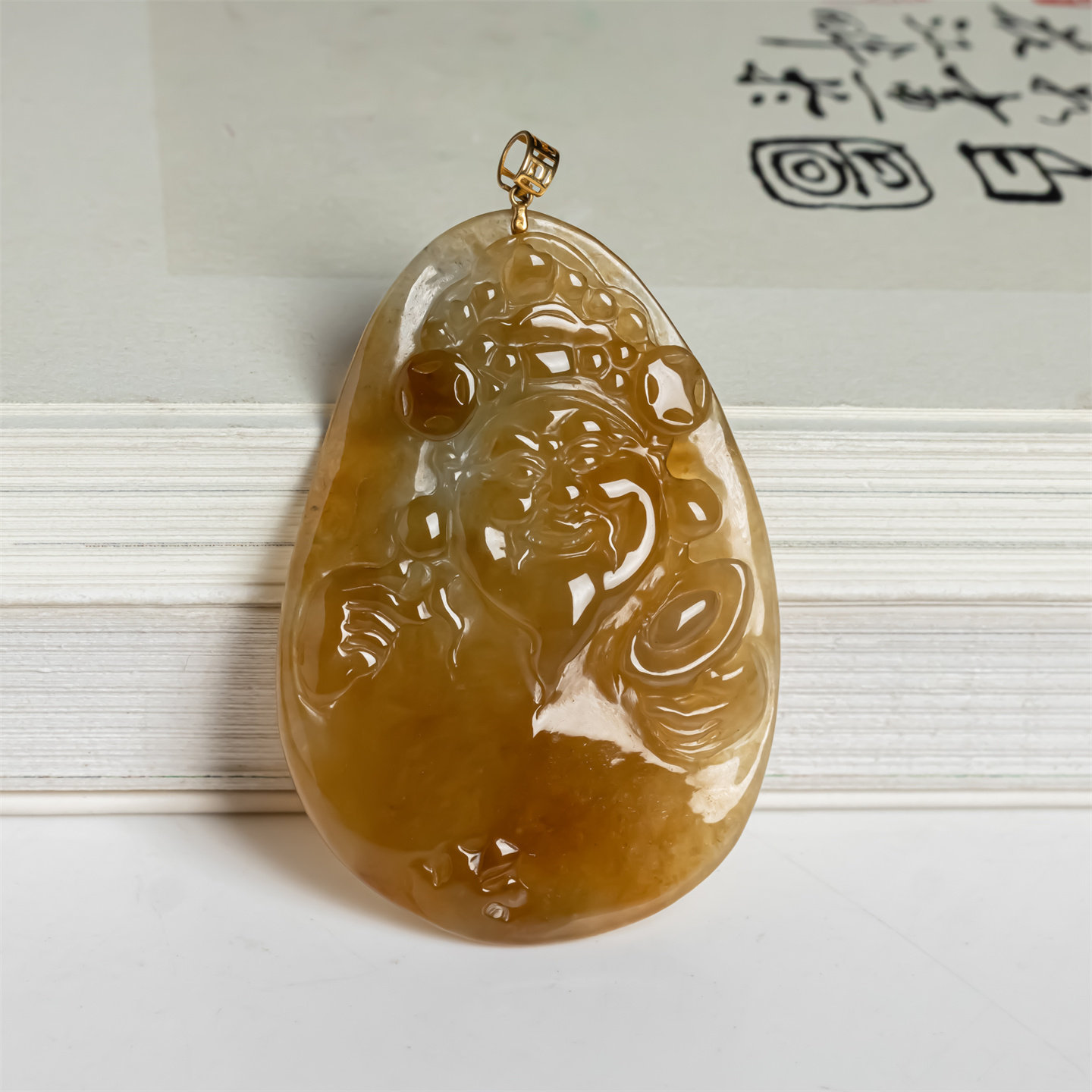 缅甸天然翡翠a货红翡18K金财神爷吊坠男女款冰糯种满红财神玉挂件