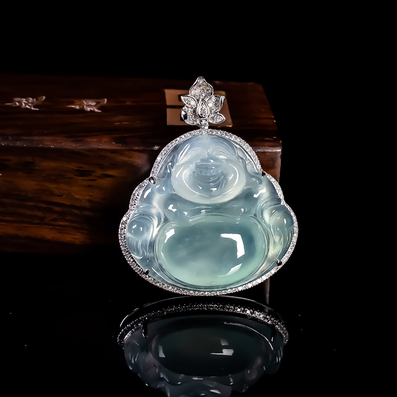 天然翡翠A货冰晴绿翡翠弥勒佛如意吊坠 18K金冰种女款佛公挂件