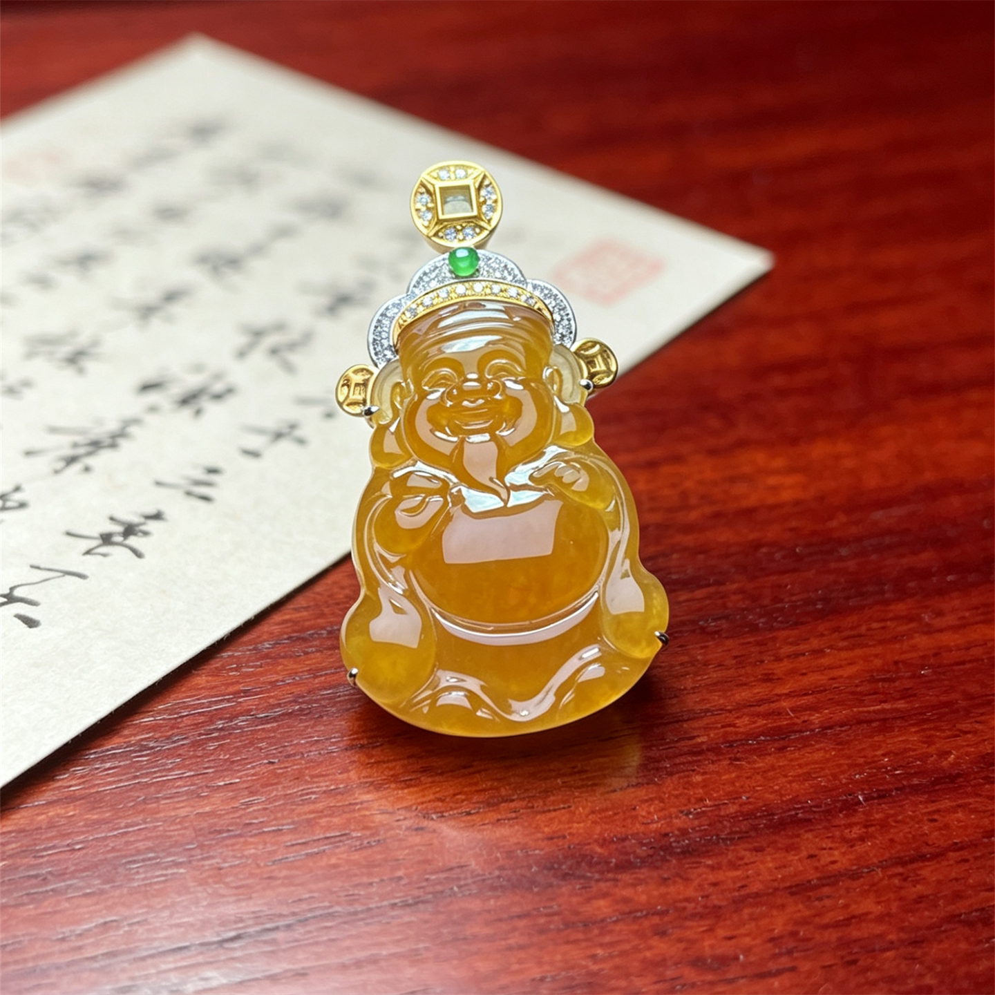 翠贵人18K冰种黄翡财神如意吊坠