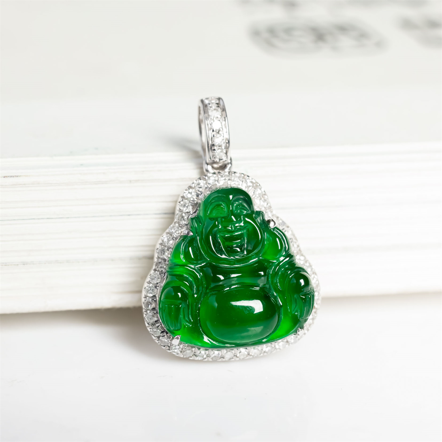 天然翡翠A货冰种满绿弥勒佛如意吊坠18K冰绿女款小佛翡翠平安挂件