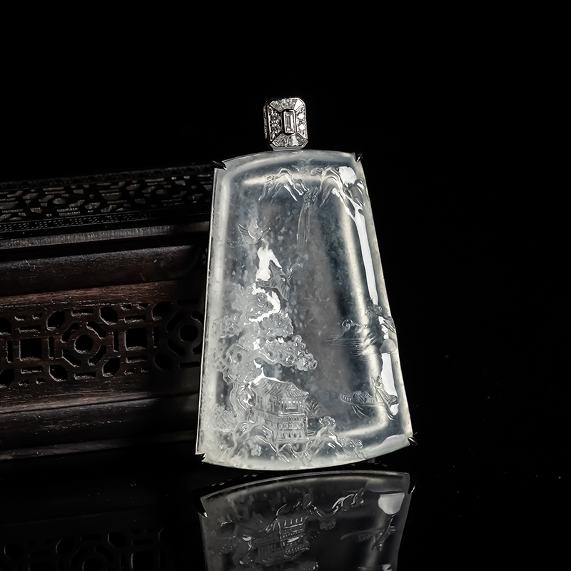 天然翡翠高冰种山水意境牌吊坠