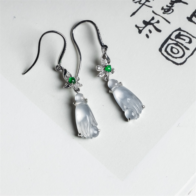 缅甸天然翡翠A货冰种佛手女款精致耳环18K老坑冰透时尚翡翠耳坠