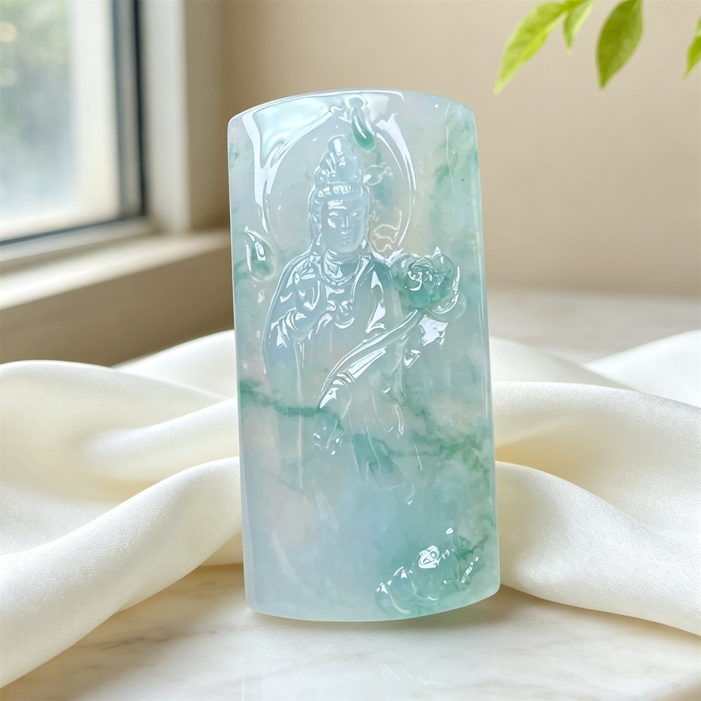 翠贵人冰种飘花莲花观音吊坠