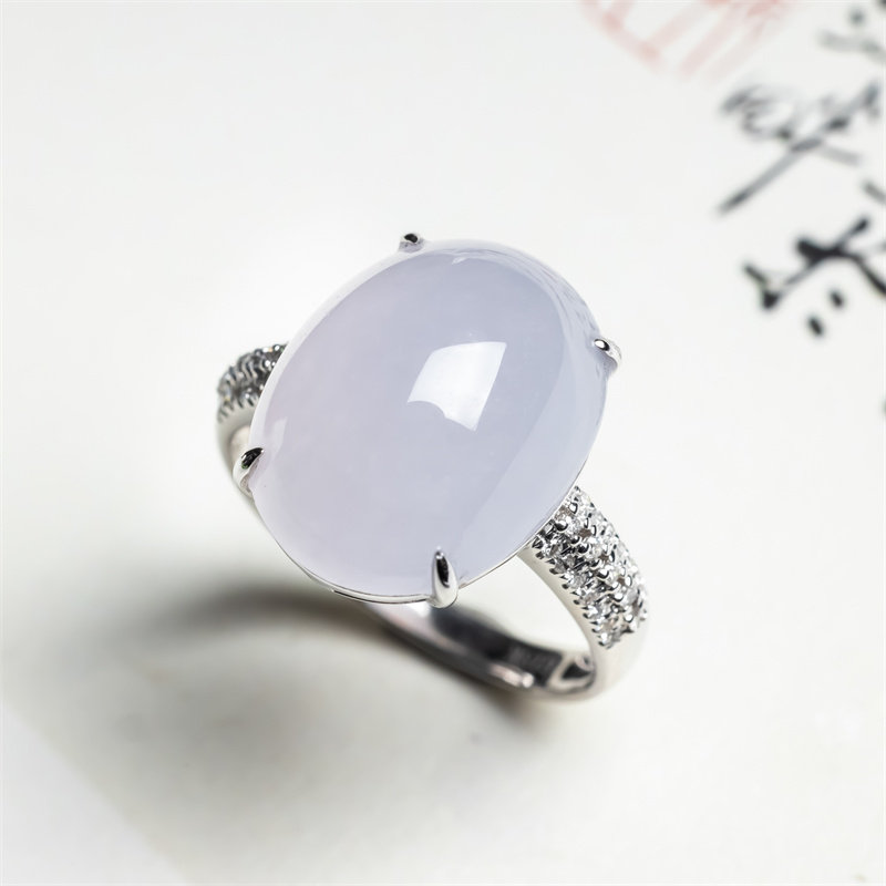 天然翡翠A货冰种紫罗兰蛋面翡翠戒指18K冰紫女款翡翠戒指缅甸玉戒