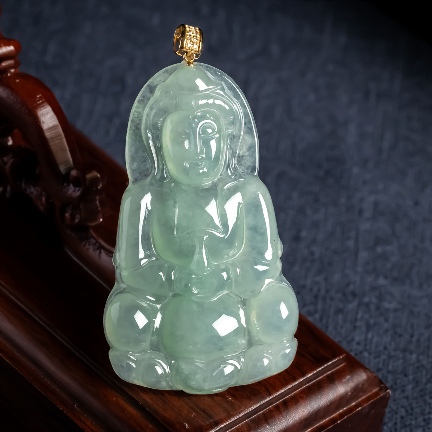 缅甸天然翡翠A货冰种晴水观音菩萨吊坠18K金男款净瓶观音如意挂件