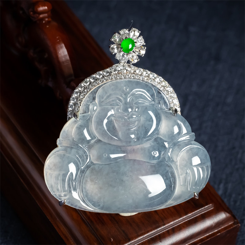 缅甸天然翡翠A货冰种弥勒佛18K金镶嵌佛公吊坠高档冰透女款佛挂件