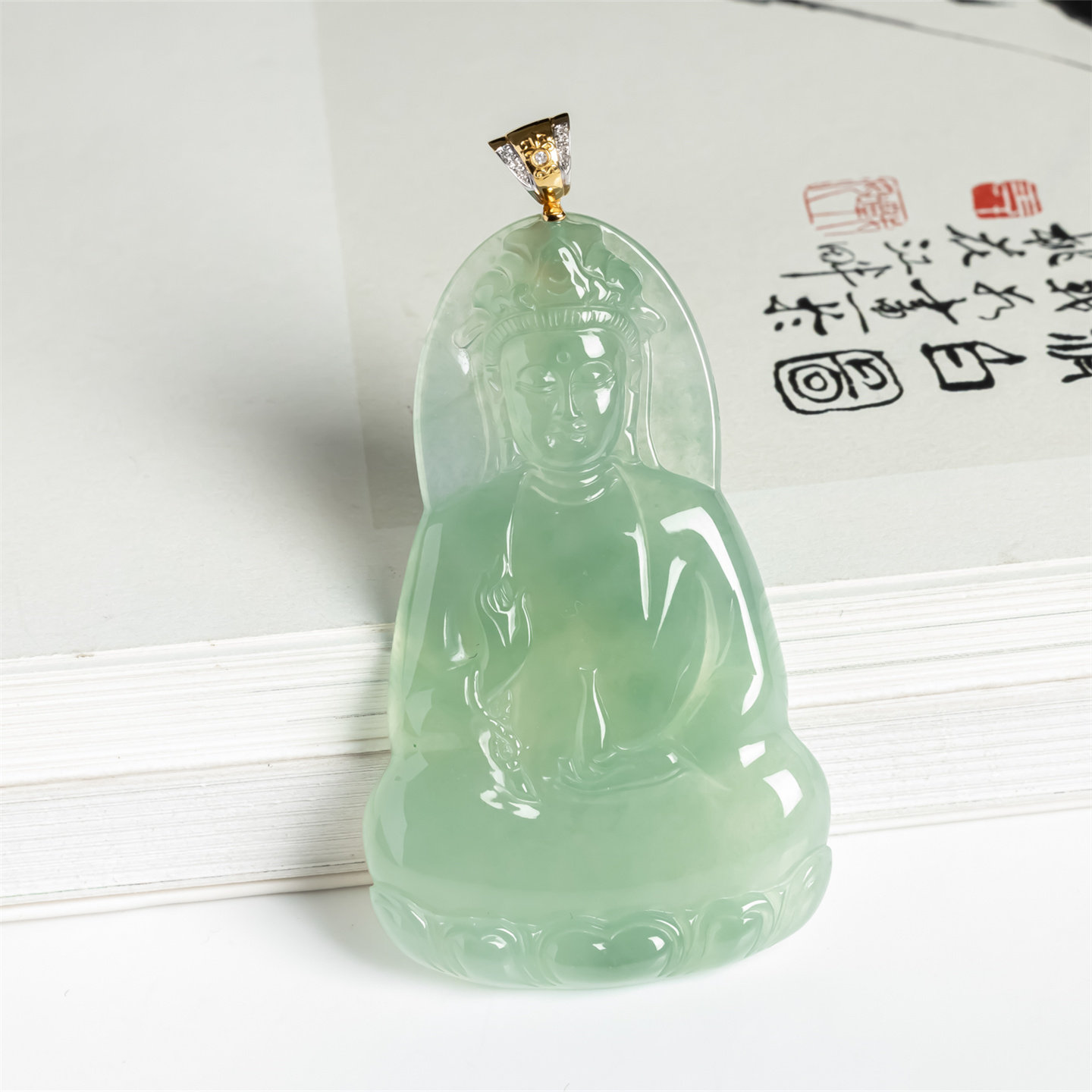 缅甸天然翡翠a货冰种油绿观音菩萨老坑18K金吊坠男款平安观音挂件
