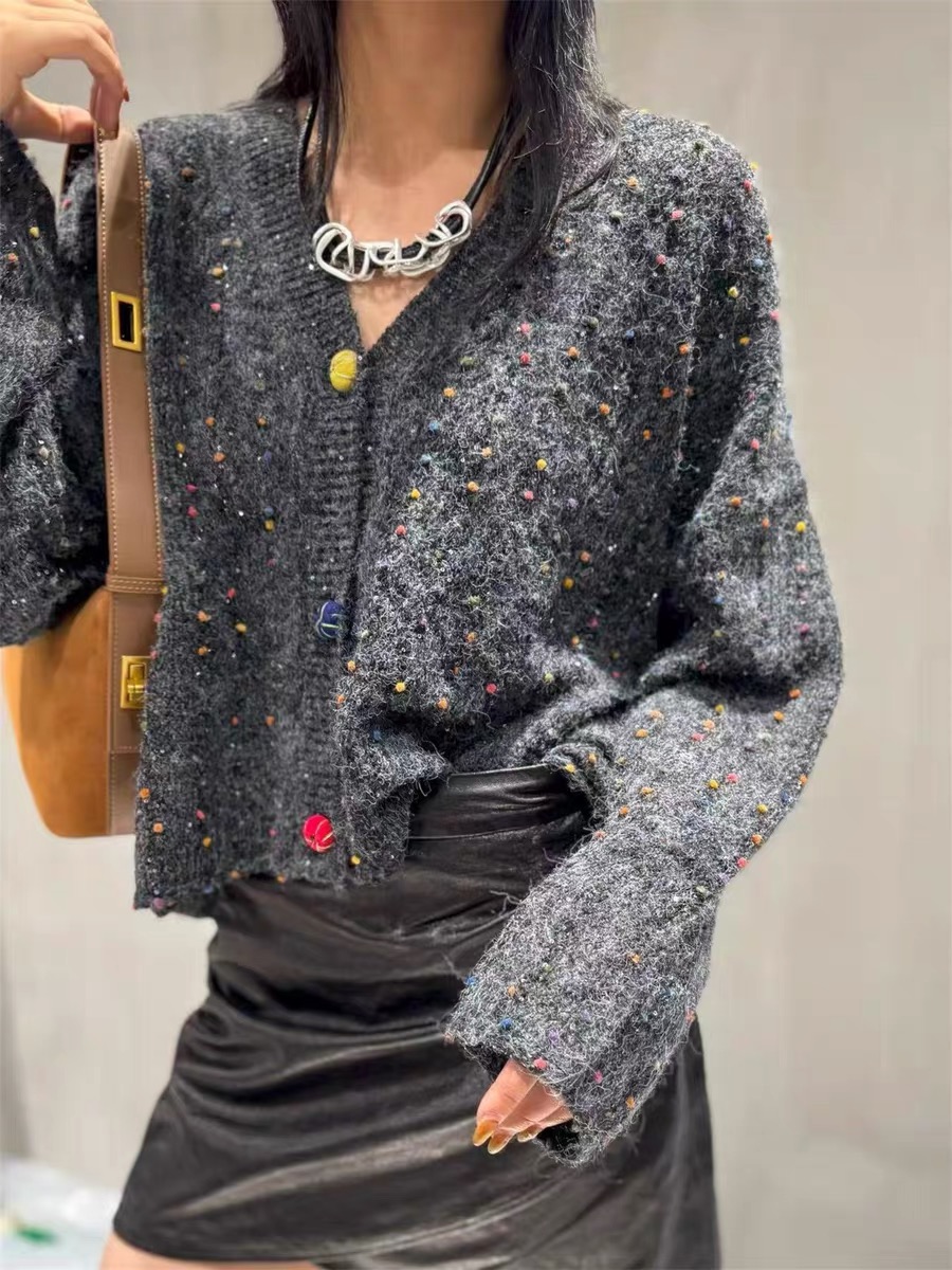 南油高端女装2025早秋新款v领彩色波点小香风短款针织开衫外套女