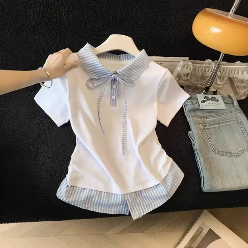 学院风假两件格纹拼接翻领系带短袖t恤女夏季新款小个子显瘦上衣