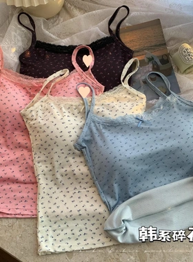 甜辣妹蓝色蕾丝边吊带小背心女夏季bm碎花内搭打底短款带胸垫上衣