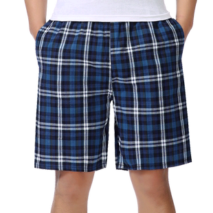 夏季纯棉沙滩裤男宽松休闲五分睡裤大码居家格子短裤速干大裤衩薄
