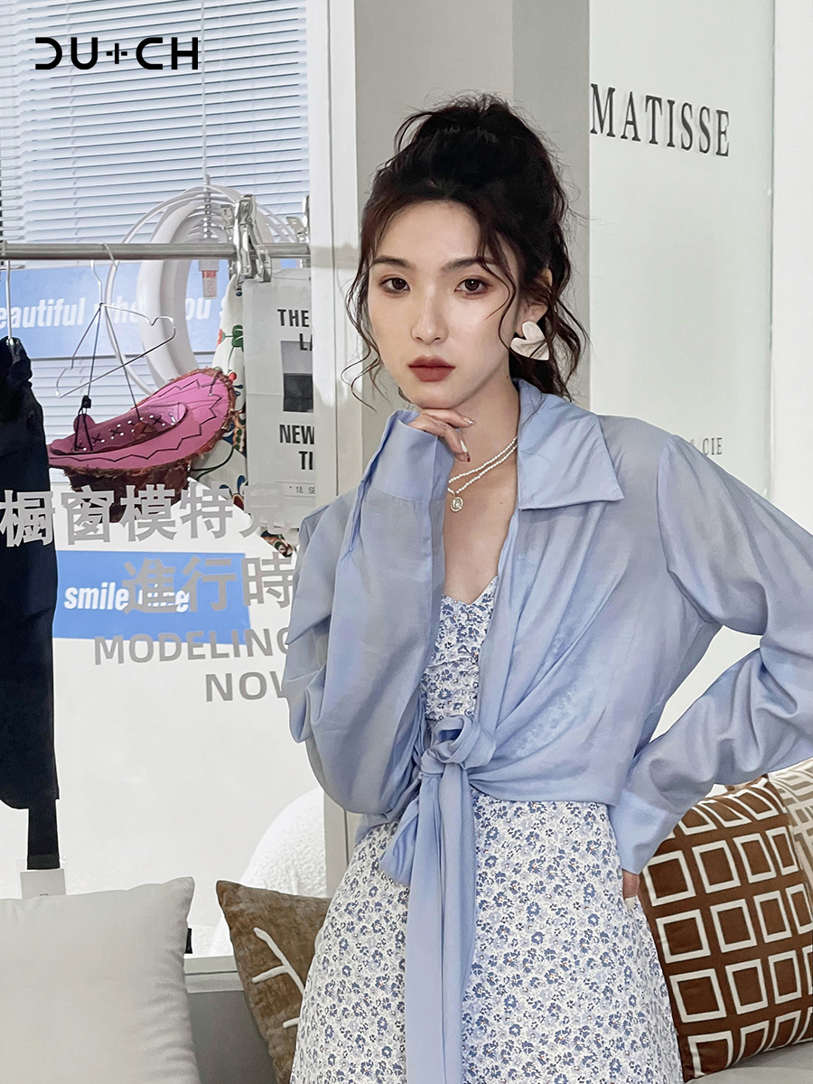  CU+CH春夏女韩版碎花中长款吊带连衣裙衬衫外套套装